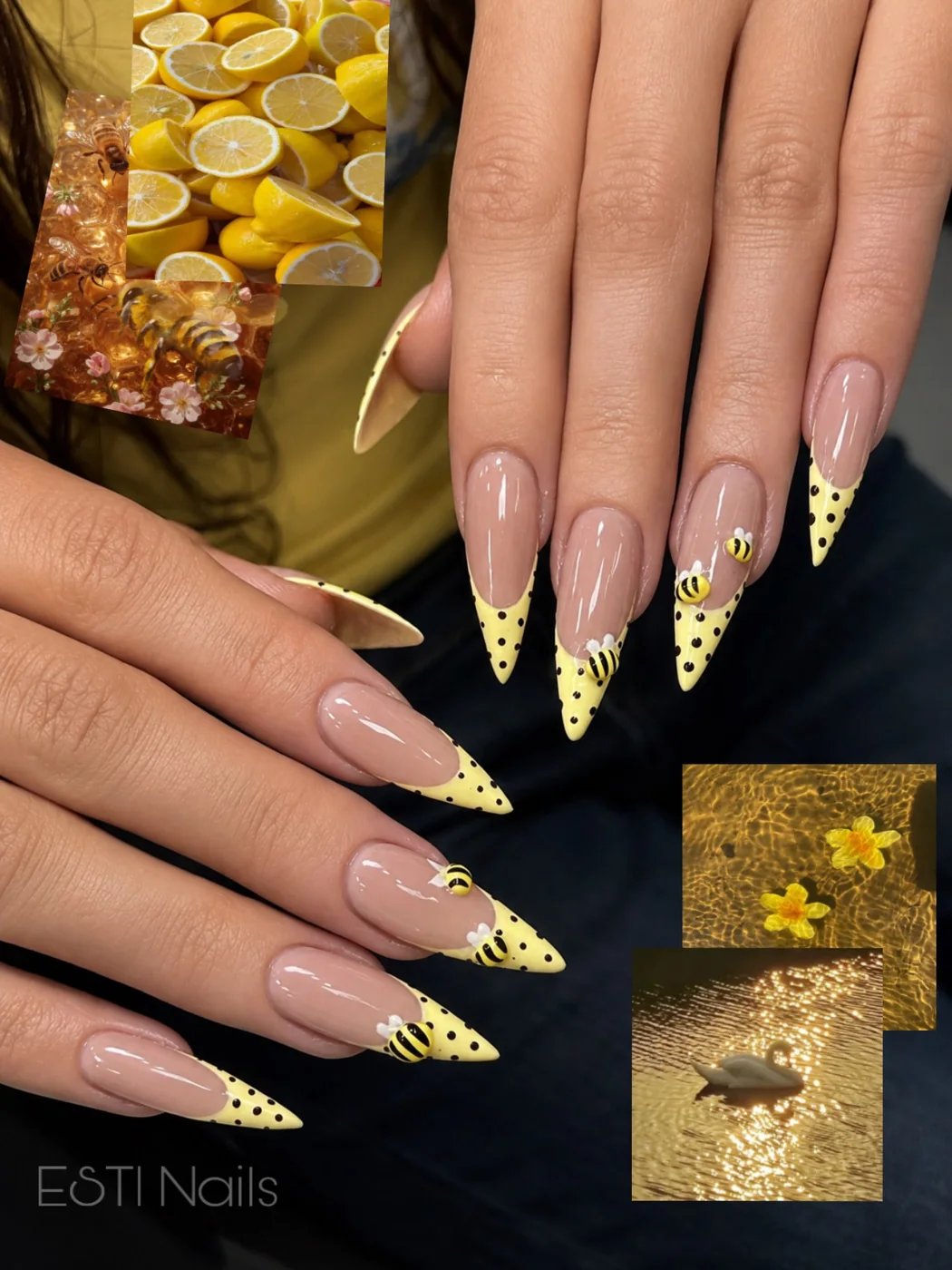 Golden stiletto nail art at ESTI Nails Studio