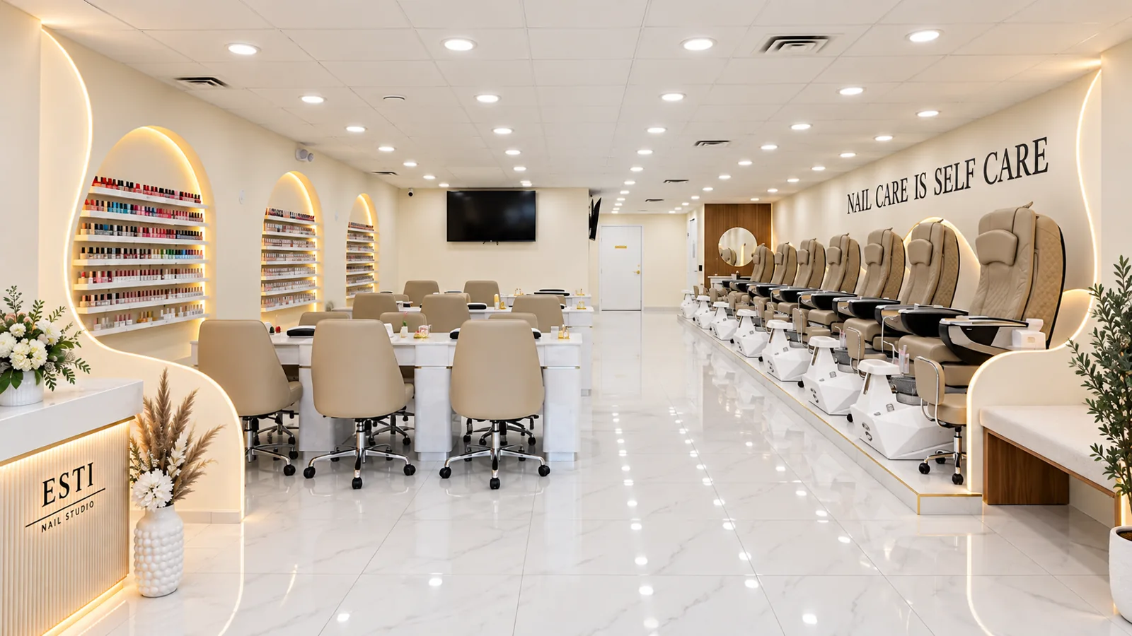Soft light. A slower pace. — ESTI Nails Studio salon wide